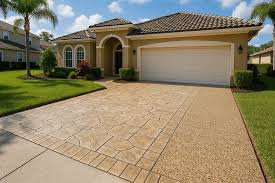 Stamped tan concrete driveway